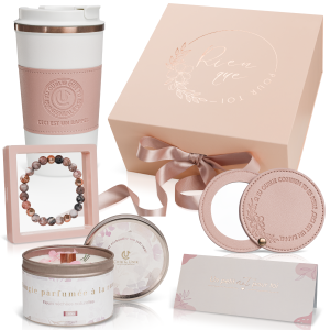 Coffret cadeau femme luxe 7pcs – bougie parfumée, mug isotherme étui cuir végétal, bracelet pierres naturelles, miroir de poche, boîte magnétique chic – idée anniversaire originale et utile